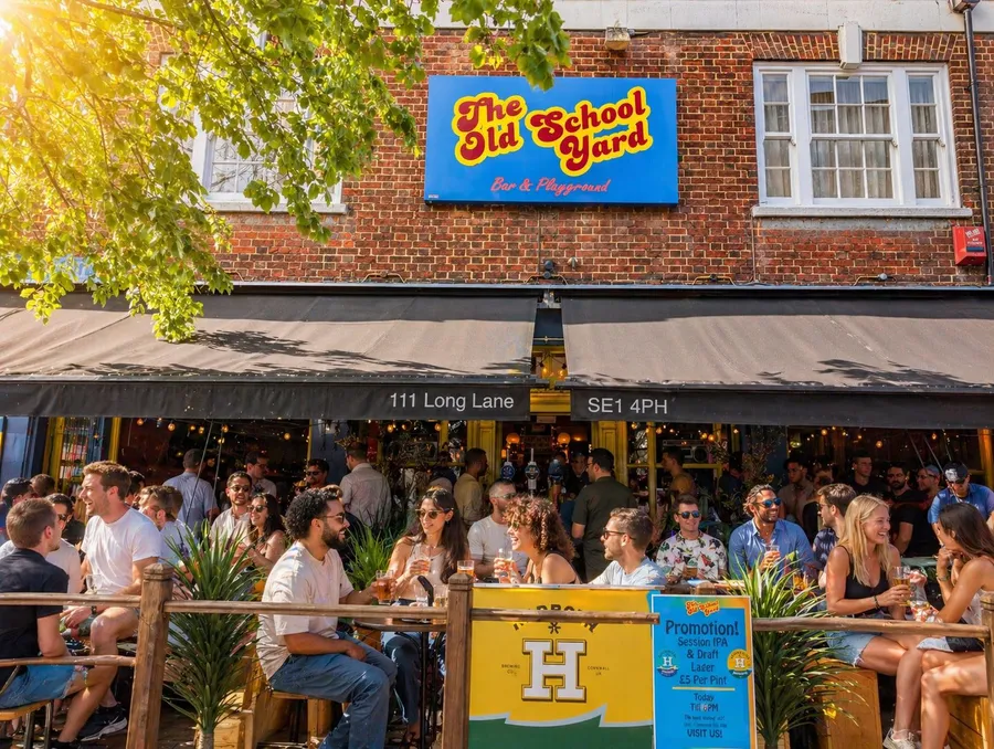 The front terrace on a sunny day, every bench full under The Old School Yard sign